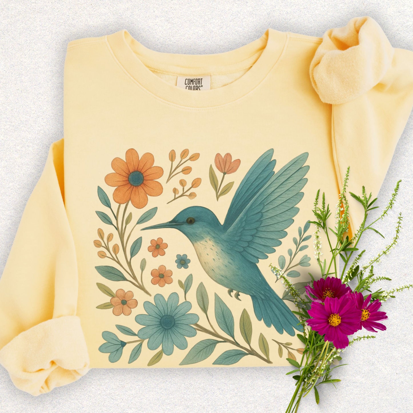 Floral Hummingbird Lightweight Sweatshirt (Comfort Colors)