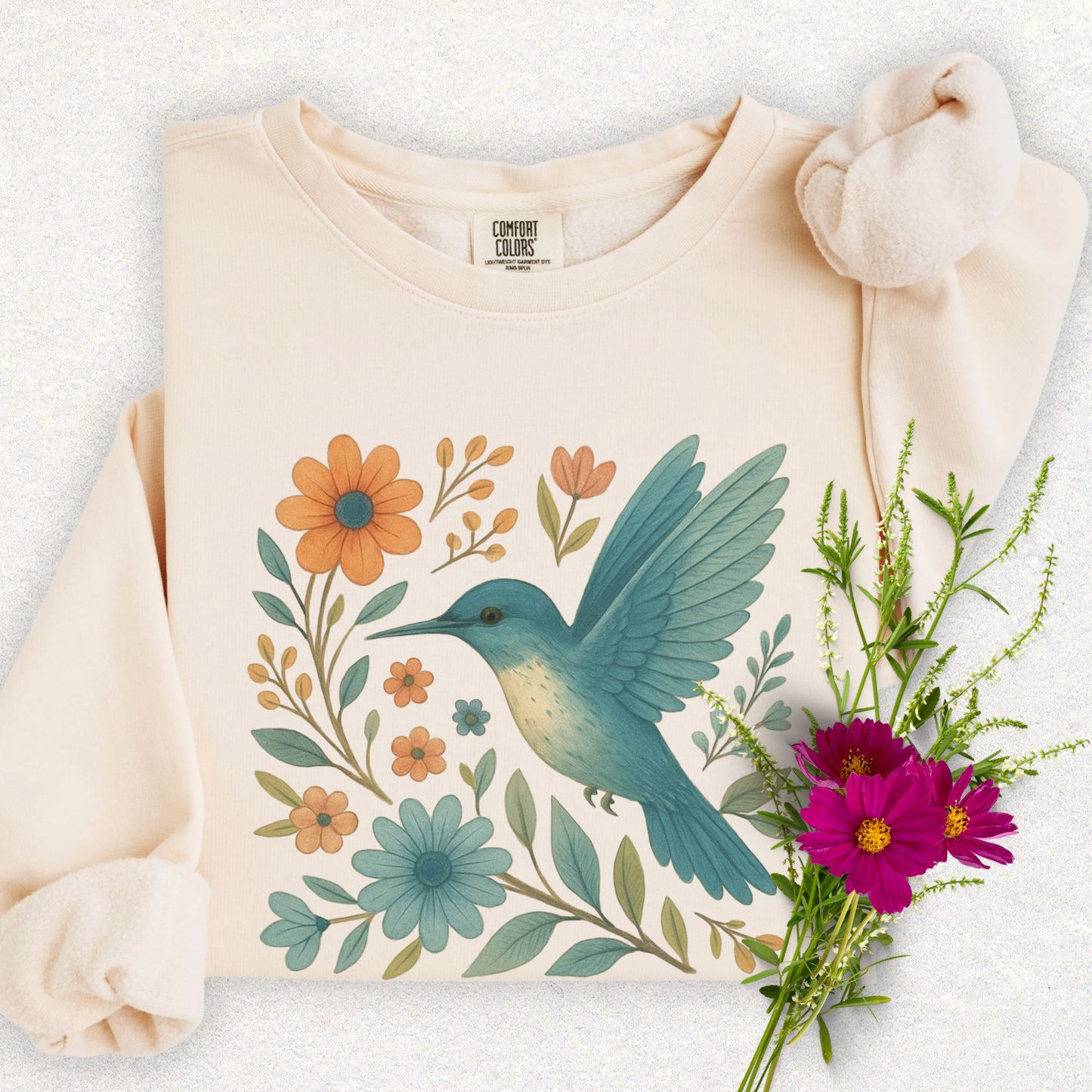 Floral Hummingbird Lightweight Sweatshirt (Comfort Colors)