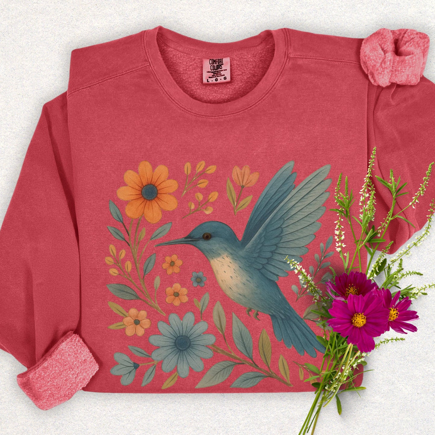 Floral Hummingbird Lightweight Sweatshirt (Comfort Colors)