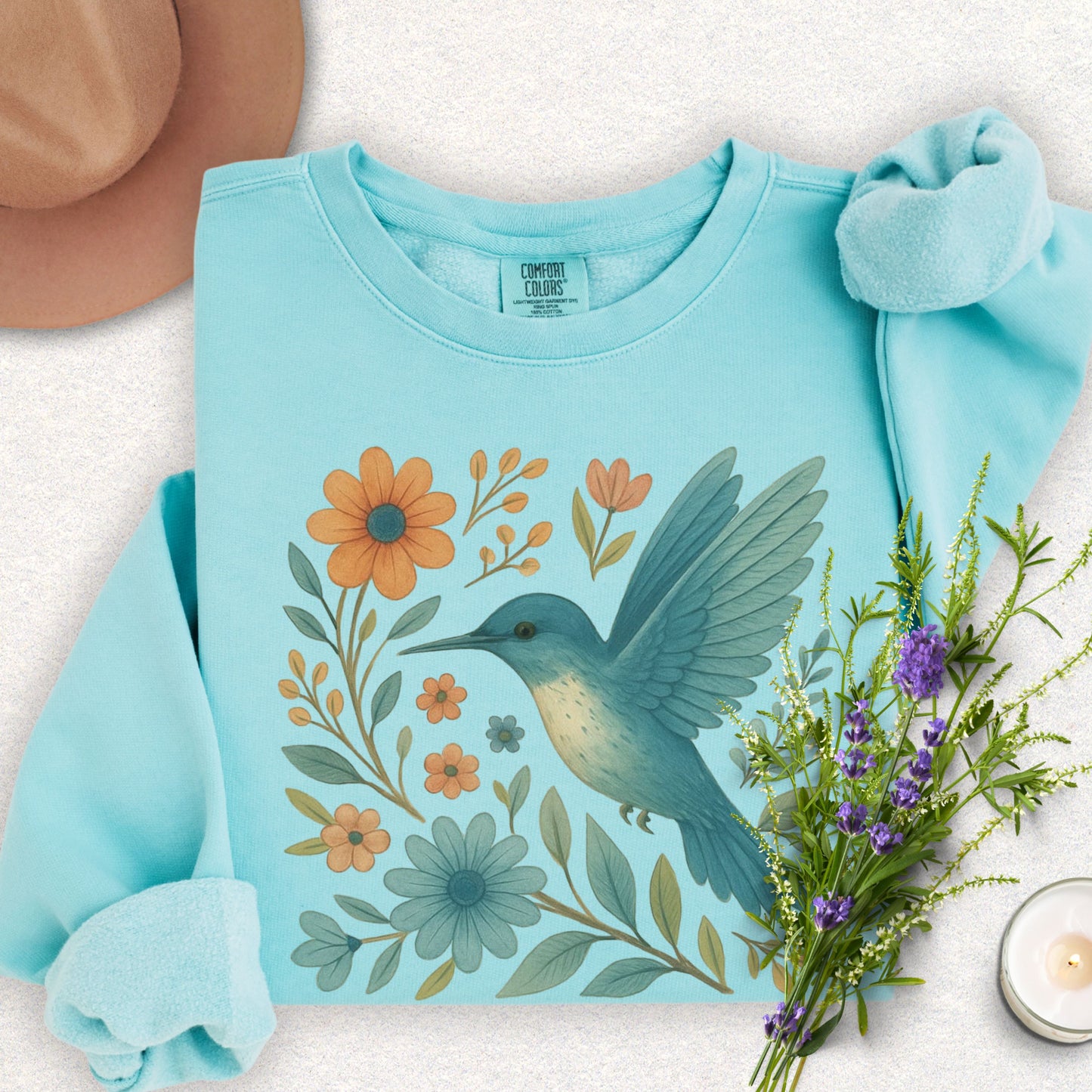 Floral Hummingbird Lightweight Sweatshirt (Comfort Colors)