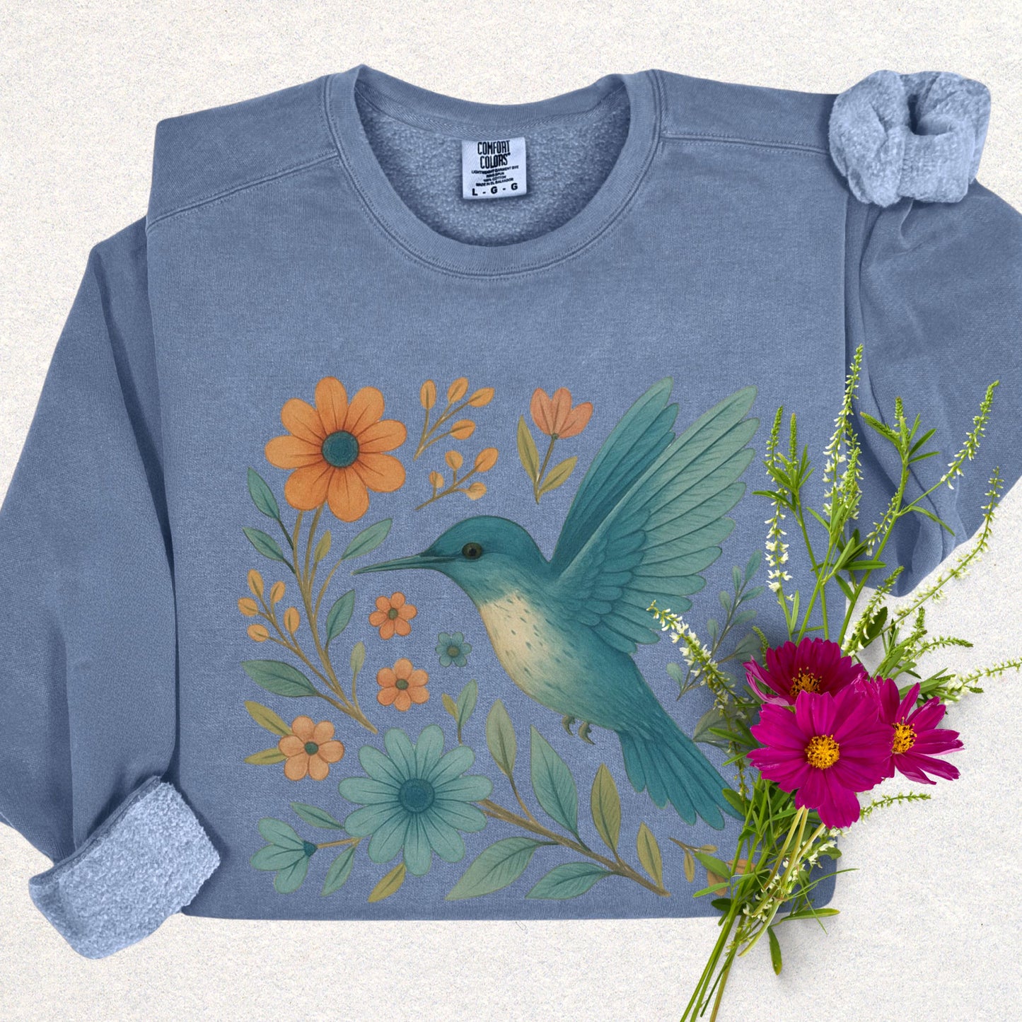 Floral Hummingbird Lightweight Sweatshirt (Comfort Colors)