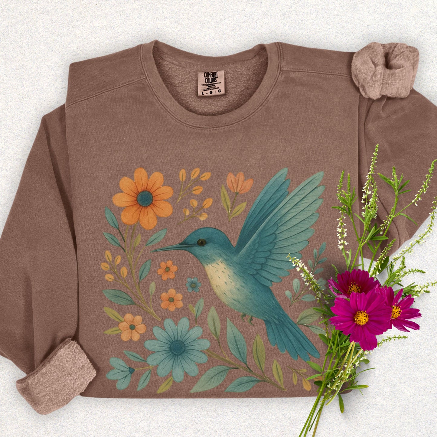 Floral Hummingbird Lightweight Sweatshirt (Comfort Colors)