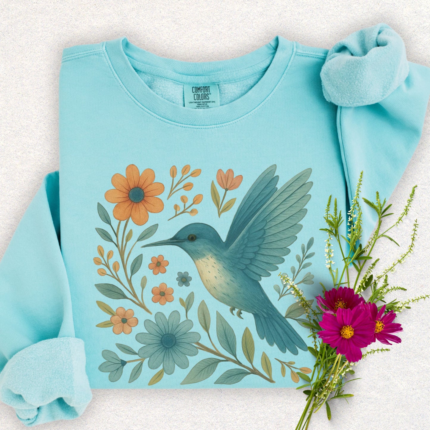 Floral Hummingbird Lightweight Sweatshirt (Comfort Colors)