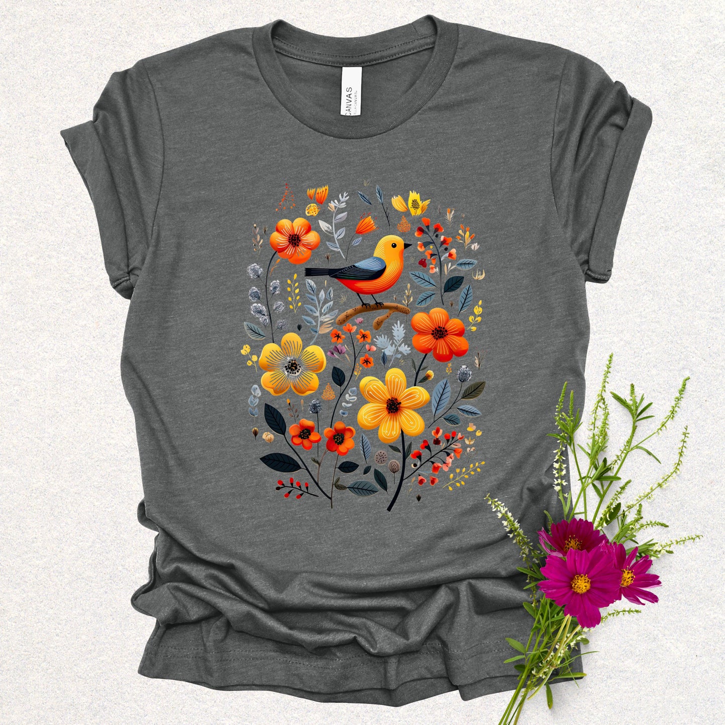 Golden Notes & Petals Floral Bird Tee