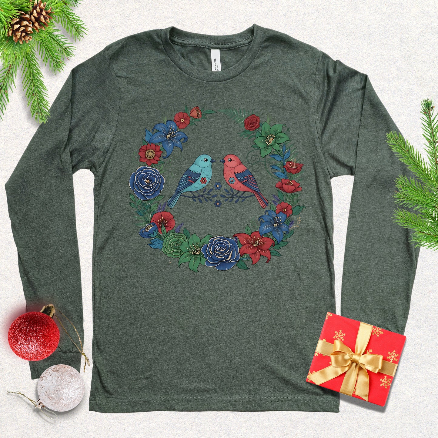 Christmas Lovebirds Wreath Long Sleeve Shirt