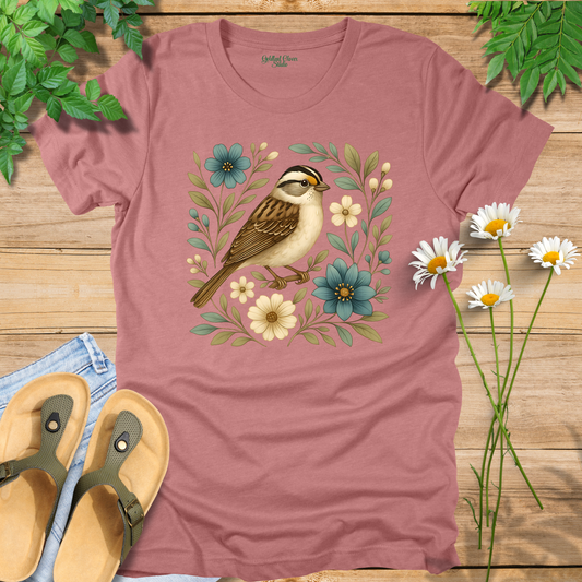 Cottagecore Floral Birds Tee (White Throat Sparrow)
